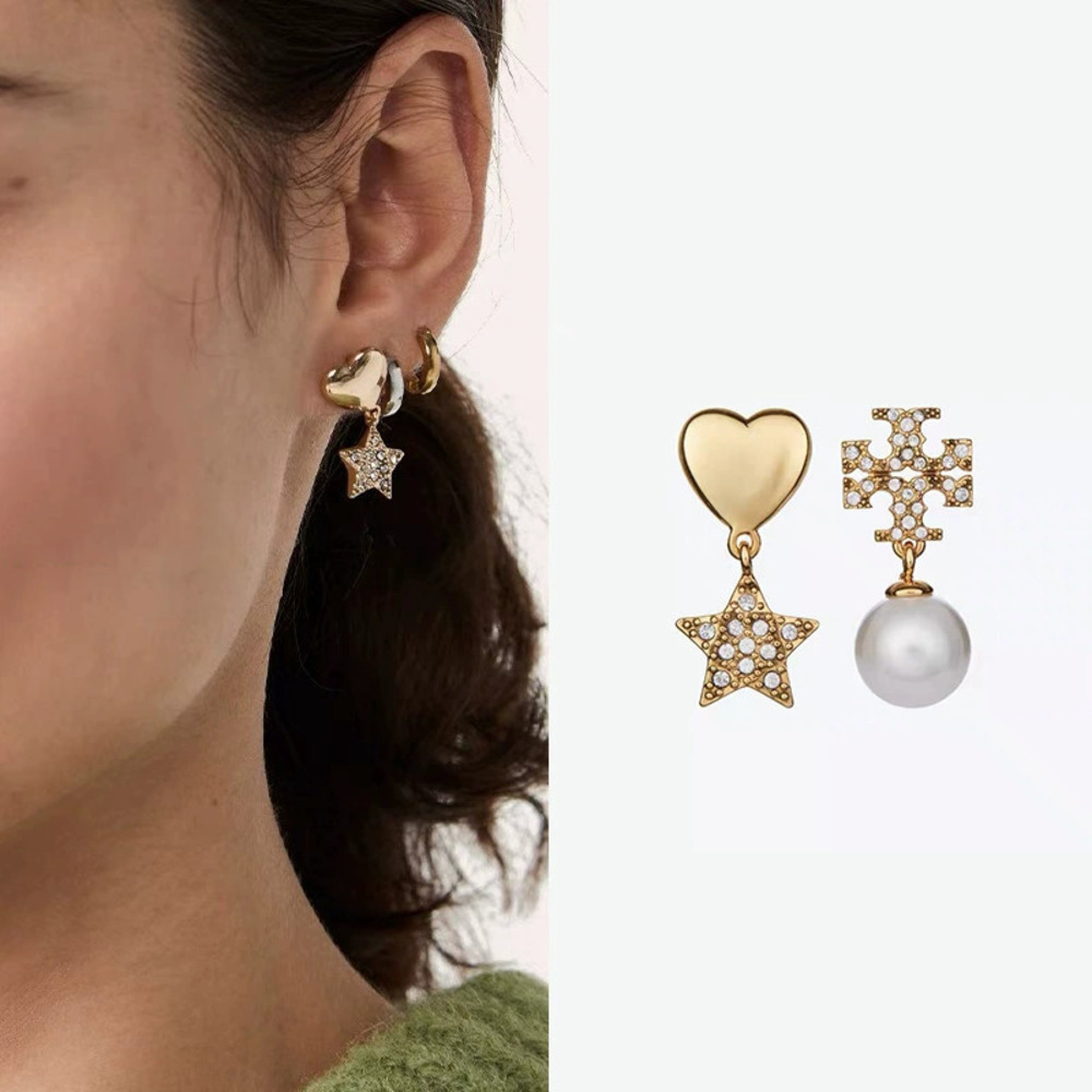 Tory Burch Gold Plated Pave Double Heart Earrings Asymmetrical Star Studs
